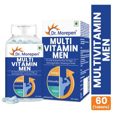 Dr. Morepen: Multivitamins for Men with Omega 3 & Herbs for Energy & Immunity Boost - 60 Veg Tablets and Omega 3 Deep Sea Fish Oil Triple Strength for Healthy Heart, Brain & Joints, 1250mg with 900mg DHA & EPA - 30 Softgels