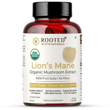 Rooted Active Naturals: Lions Mane mushroom Extract  ( 90 Veg Caps, 500 mg) | Memory, Focus, Brain Powder & Nerve Health. USDA Organic, 38% Beta Glucans