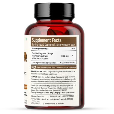 Rooted Active Naturals: Siberian Chaga mushroom Extract  (60 Caps, 500 mg) |Blood Sugar, Heart & Immunity. USDA Organic, 35% Beta Glucans