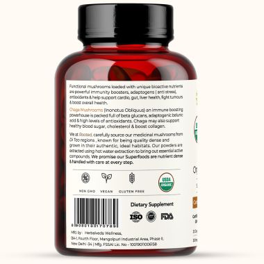 Rooted Active Naturals: Siberian Chaga mushroom Extract  (60 Caps, 500 mg) |Blood Sugar, Heart & Immunity. USDA Organic, 35% Beta Glucans