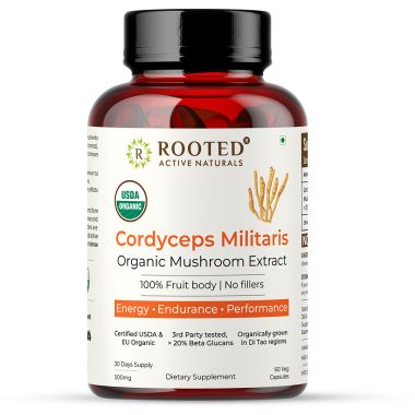 Rooted Active Naturals: Cordyceps Militaris Mushroom Extract  (60 caps, 500 mg) |Energy, Stamina, Supports Testosterone, Virility, Lung health |USDA Organic, 20% Beta Glucans