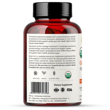 Rooted Active Naturals: Cordyceps Militaris Mushroom Extract  (60 caps, 500 mg) |Energy, Stamina, Supports Testosterone, Virility, Lung health |USDA Organic, 20% Beta Glucans