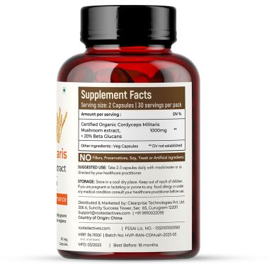 Rooted Active Naturals: Cordyceps Militaris Mushroom Extract  (60 caps, 500 mg) |Energy, Stamina, Supports Testosterone, Virility, Lung health |USDA Organic, 20% Beta Glucans