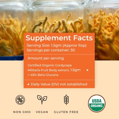 Rooted Active Naturals: Cordyceps Militaris Mushroom Extract powder (45 g) |Energy, Stamina & Endurance | Supports Testosterone, Virility, Lung health, USDA Organic, 20% Beta Glucans