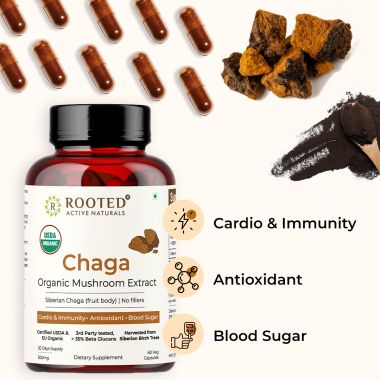Rooted Active Naturals: Siberian Chaga mushroom Extract (90 Caps, 500 mg) |Blood Sugar, Heart & Immunity. USDA Organic, 35% Beta Glucans
