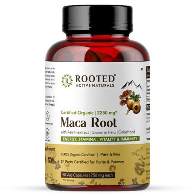 Rooted Active Naturals: Maca Root Extract with Reishi Mushroom (90 Veg Caps, 750 mg) -Stamina, Virility, Hormonal support| Imported from Peru, Certified Organic, Gelatinised