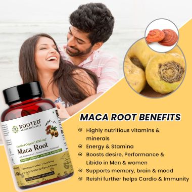 Rooted Active Naturals: Maca Root Extract with Reishi Mushroom (90 Veg Caps, 750 mg) -Stamina, Virility, Hormonal support| Imported from Peru, Certified Organic, Gelatinised