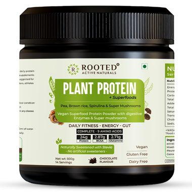 Rooted Active Naturals: Plant Protein powder, 24gm protein from Pea, Super Mushrooms, Brown Rice, Spirulina & | Probiotics, Enzymes, Super mushrooms |500 gm | Choclate flavour (USA FDA Registered Facility)