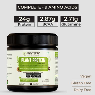 Rooted Active Naturals: Plant Protein powder, 24gm protein from Pea, Super Mushrooms, Brown Rice, Spirulina & | Probiotics, Enzymes, Super mushrooms |500 gm | Choclate flavour (USA FDA Registered Facility)