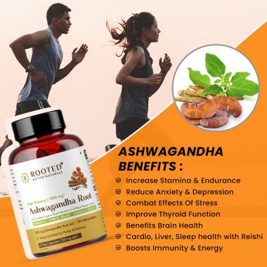 Rooted Active Naturals: Ashwagandha root extract (5% withanolides, 60 Caps, 500 mg) ,enhanced with Reishi Mushrooms | Supports Stress, Anxiety Relief, Energy & Immunity