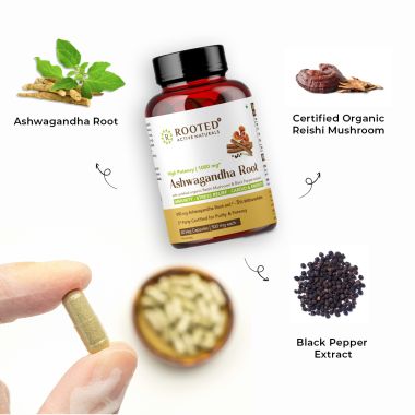 Rooted Active Naturals: Ashwagandha root extract (5% withanolides, 60 Caps, 500 mg) ,enhanced with Reishi Mushrooms | Supports Stress, Anxiety Relief, Energy & Immunity