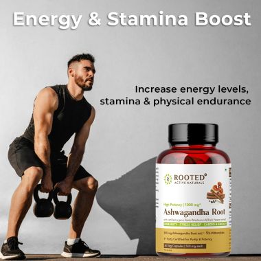 Rooted Active Naturals: Ashwagandha root extract (5% withanolides, 60 Caps, 500 mg) ,enhanced with Reishi Mushrooms | Supports Stress, Anxiety Relief, Energy & Immunity