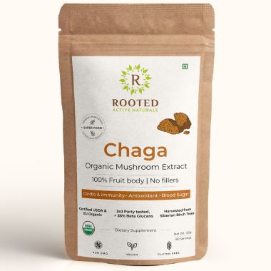 Rooted Active Naturals: Siberian Chaga mushroom Extract  (120 g) |Blood Sugar, Heart & Immunity. USDA Organic, 35% Beta Glucans