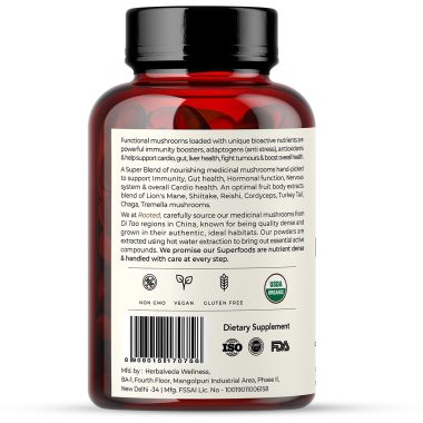 Rooted Active Naturals: 7 Mushrooms Complex (60 Veg Caps, 500 mg) |  for Heart, Liver, Gut, Energy & Immunity (USDA organic, 30% Beta Glucans