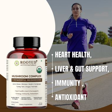 Rooted Active Naturals: 7 Mushrooms Complex (60 Veg Caps, 500 mg) |  for Heart, Liver, Gut, Energy & Immunity (USDA organic, 30% Beta Glucans