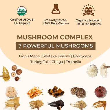 Rooted Active Naturals: 7 Mushrooms Complex (60 Veg Caps, 500 mg) |  for Heart, Liver, Gut, Energy & Immunity (USDA organic, 30% Beta Glucans