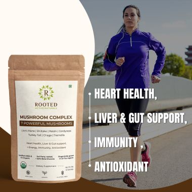 Rooted Active Naturals: 7 Mushrooms Complex (60 g) extract powder |  for Heart, Liver, Gut, Energy & Immunity (USDA organic, 30% Beta Glucans