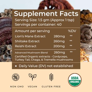 Rooted Active Naturals: 7 Mushrooms Complex (60 g) extract powder |  for Heart, Liver, Gut, Energy & Immunity (USDA organic, 30% Beta Glucans