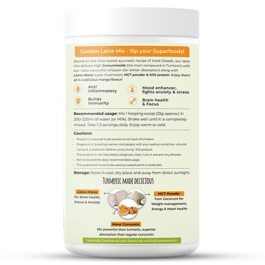 Rooted Active Naturals: Golden Latte Turmeric  Mix, 500 gm | with Lion's Mane Mushroom, Nano curcumin, MCT powder