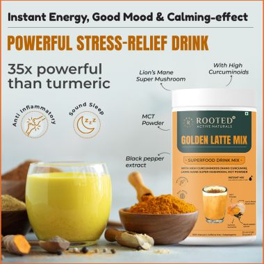 Rooted Active Naturals: Golden Latte Turmeric  Mix, 500 gm | with Lion's Mane Mushroom, Nano curcumin, MCT powder