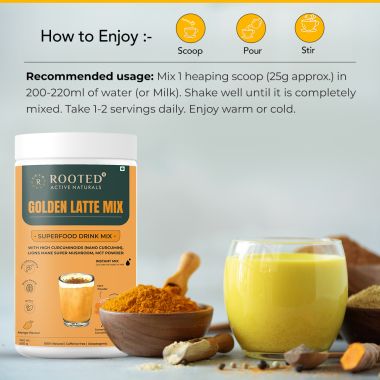 Rooted Active Naturals: Golden Latte Turmeric  Mix, 500 gm | with Lion's Mane Mushroom, Nano curcumin, MCT powder