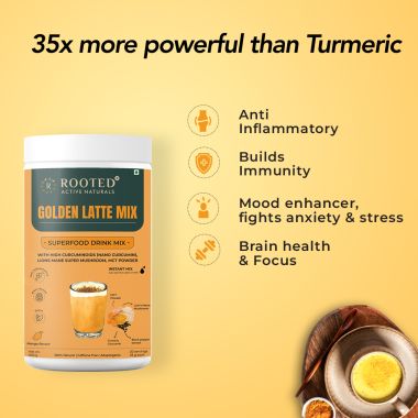Rooted Active Naturals: Golden Latte Turmeric  Mix, 500 gm | with Lion's Mane Mushroom, Nano curcumin, MCT powder