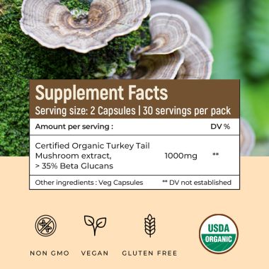 Rooted Active Naturals: USDA Organic Turkey Tail Mushroom Extract (90 Veg Caps, 500 mg), &gt; 35% Beta Glucans
