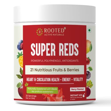 Rooted Active Naturals: Super Reds health drink ( 250 g, 21 nutritious fruits, berries & Stevia) | Rich in antioxidants, flavonoids & polyphenols | Heart, Circulation health, Energy & Vitality
