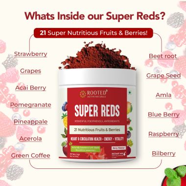 Rooted Active Naturals: Super Reds health drink ( 250 g, 21 nutritious fruits, berries & Stevia) | Rich in antioxidants, flavonoids & polyphenols | Heart, Circulation health, Energy & Vitality