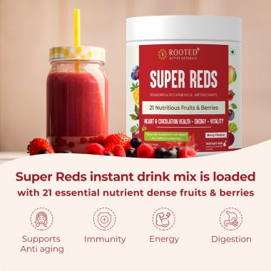 Rooted Active Naturals: Super Reds health drink ( 250 g, 21 nutritious fruits, berries & Stevia) | Rich in antioxidants, flavonoids & polyphenols | Heart, Circulation health, Energy & Vitality