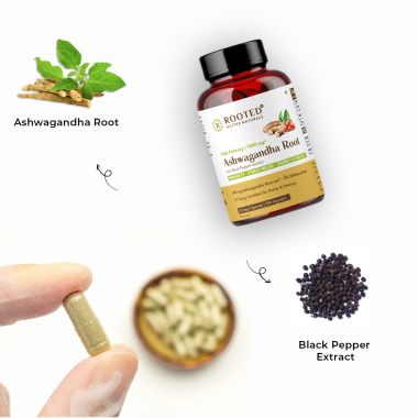 Rooted Active Naturals: Ashwagandha extract (5% Withanolides, 60 Caps, 500 mg ) with Reishi & Black pepper extract |Stress Relief,Cardio & Energy,Immunity,Liver support