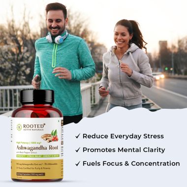 Rooted Active Naturals: Ashwagandha extract (5% Withanolides, 60 Caps, 500 mg ) with Reishi & Black pepper extract |Stress Relief,Cardio & Energy,Immunity,Liver support