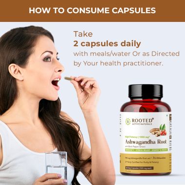 Rooted Active Naturals: Ashwagandha extract (5% Withanolides, 60 Caps, 500 mg ) with Reishi & Black pepper extract |Stress Relief,Cardio & Energy,Immunity,Liver support