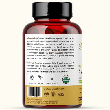 Rooted Active Naturals: Ashwagandha extract (5% Withanolides 60 Caps, 500 mg) with Lions Mane & Black pepper extract | Stress Relief,Cardio & Energy,Immunity,Brain Health
