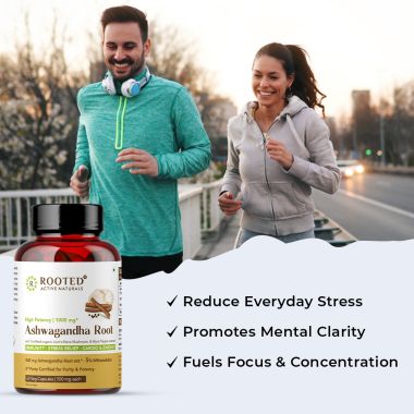 Rooted Active Naturals: Ashwagandha extract (5% Withanolides 60 Caps, 500 mg) with Lions Mane & Black pepper extract | Stress Relief,Cardio & Energy,Immunity,Brain Health