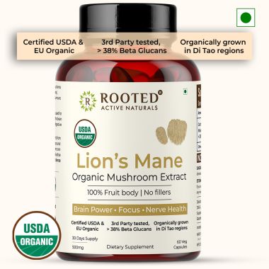 Rooted Active Naturals: Lions Mane mushroom Extract  ( 60 Veg Caps, 500 mg) | Memory, Focus, Brain Powder & Nerve Health. USDA Organic, 38% Beta Glucans