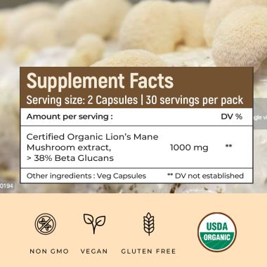 Rooted Active Naturals: Lions Mane mushroom Extract  ( 60 Veg Caps, 500 mg) | Memory, Focus, Brain Powder & Nerve Health. USDA Organic, 38% Beta Glucans