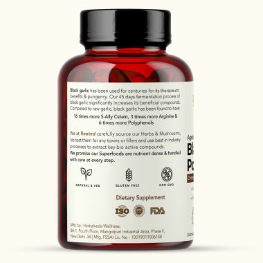 Rooted Active Naturals: Aged & Fermented Black Garlic (60 Caps, 500 mg), Cholesterol, Heart health, Blood Sugar & Liver support