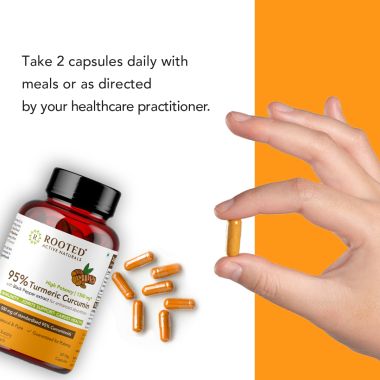 Rooted Active Naturals: Turmeric Curcumin (95%) with Reishi Mushroom extract (for better absorbtion)1300mg, for Immunity, Joints Cardio Health| 60 VEG Capsules, 650 Mg each