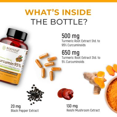 Rooted Active Naturals: Turmeric Curcumin (95%) with Reishi Mushroom extract (for better absorbtion)1300mg, for Immunity, Joints Cardio Health| 60 VEG Capsules, 650 Mg each