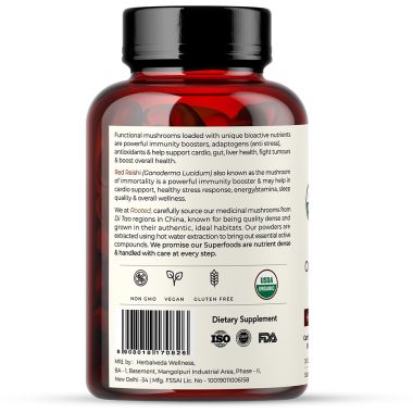 Rooted Active Naturals: Reishi mushroom Extract Powder (60 Veg Caps, 500 mg) | Heart health, Stress Relief, Liver.  supportUSDA Organic, 30% Beta Glucans