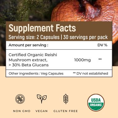 Rooted Active Naturals: Reishi mushroom Extract Powder (60 Veg Caps, 500 mg) | Heart health, Stress Relief, Liver.  supportUSDA Organic, 30% Beta Glucans