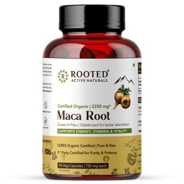 Rooted Active Naturals: Maca Root Extract  (90 Veg Caps, 750 mg) -Stamina, Virility, Hormonal support| Imported from Peru, Certified Organic, Gelatinised