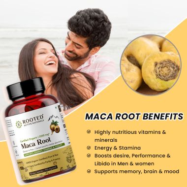 Rooted Active Naturals: Maca Root Extract  (90 Veg Caps, 750 mg) -Stamina, Virility, Hormonal support| Imported from Peru, Certified Organic, Gelatinised