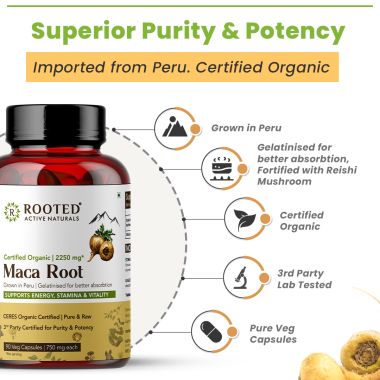Rooted Active Naturals: Maca Root Extract  (90 Veg Caps, 750 mg) -Stamina, Virility, Hormonal support| Imported from Peru, Certified Organic, Gelatinised