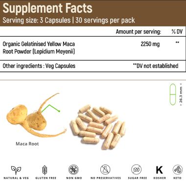 Rooted Active Naturals: Maca Root Extract  (90 Veg Caps, 750 mg) -Stamina, Virility, Hormonal support| Imported from Peru, Certified Organic, Gelatinised
