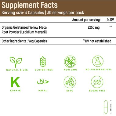 Rooted Active Naturals: Maca Root Extract  (90 Veg Caps, 750 mg) -Stamina, Virility, Hormonal support| Imported from Peru, Certified Organic, Gelatinised