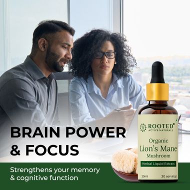 Rooted Active Naturals: Lions Mane mushroom liquid Extract (30 ml) | Memory, Focus, Brain Powder & Nerve Health