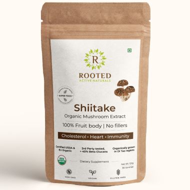 Rooted Active Naturals: Shiitake mushroom Extract Powder (120 g) |Cholesterol, Heart health, Immunity. USDA Organic, 40% Beta Glucans