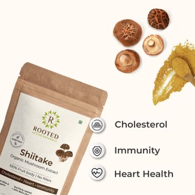 Rooted Active Naturals: Shiitake mushroom Extract Powder (60 g) |Cholesterol, Heart health, Immunity. USDA Organic, 40% Beta Glucans